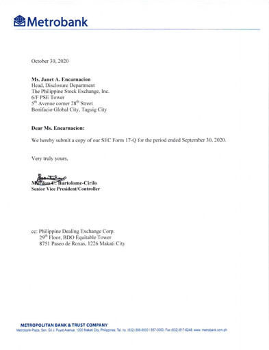Thumbnail Metropolitan Bank (Metrobank) Quarterly Report 2020-q3