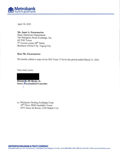 Thumbnail Metropolitan Bank (Metrobank) Quarterly Report 2021-q1