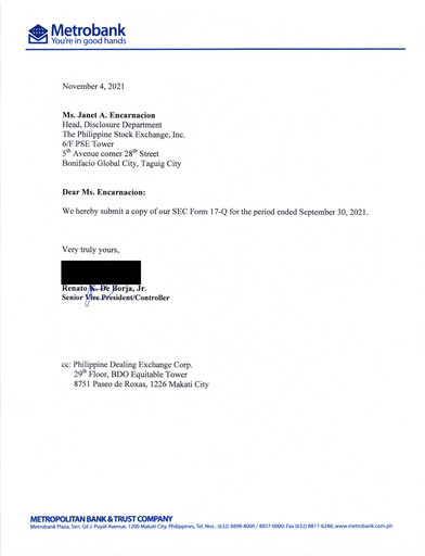Thumbnail Metropolitan Bank (Metrobank) Quarterly Report 2021-q3