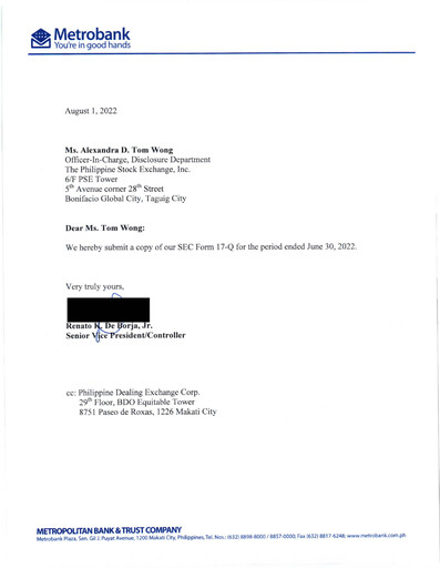 Thumbnail Metropolitan Bank (Metrobank) Quarterly Report 2022-q2