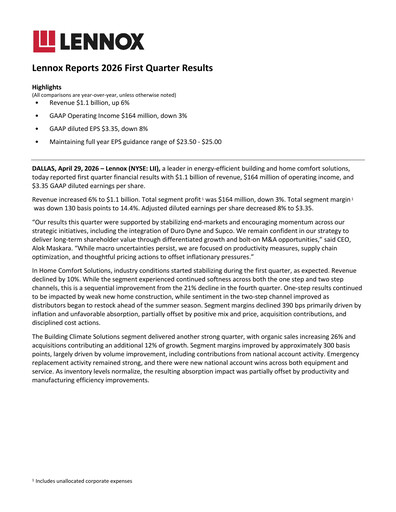 Thumbnail Lennox Quarterly Report 2026-q1