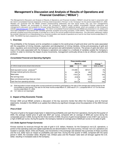 Thumbnail Kinross Gold
 Quarterly Report 2005-q1