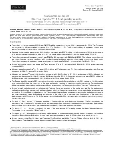 Thumbnail Kinross Gold
 Quarterly Report 2011-q1