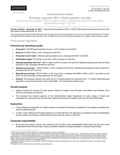 Thumbnail Kinross Gold
 Quarterly Report 2011-q3