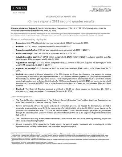 Thumbnail Kinross Gold
 Quarterly Report 2012-q2