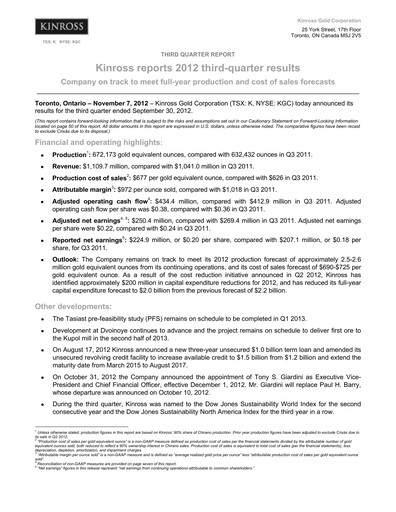 Thumbnail Kinross Gold
 Quarterly Report 2012-q3