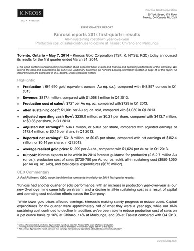 Thumbnail Kinross Gold
 Quarterly Report 2014-q1