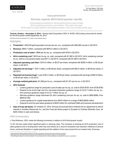 Thumbnail Kinross Gold
 Quarterly Report 2014-q3