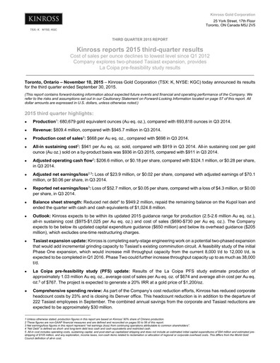 Thumbnail Kinross Gold
 Quarterly Report 2015-q3