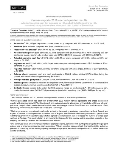 Thumbnail Kinross Gold
 Quarterly Report 2016-q2