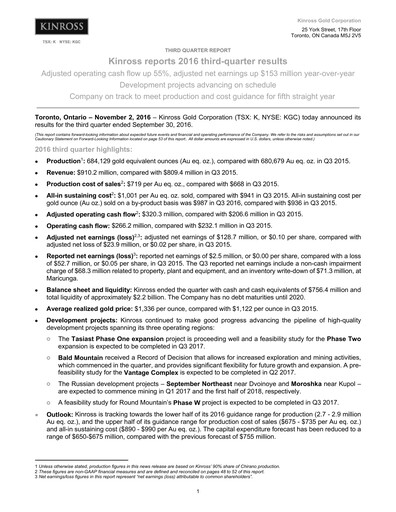 Thumbnail Kinross Gold
 Quarterly Report 2016-q3