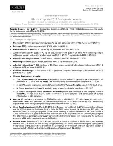 Thumbnail Kinross Gold
 Quarterly Report 2017-q1