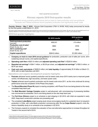 Thumbnail Kinross Gold
 Quarterly Report 2019-q1