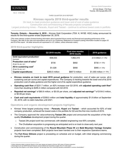 Thumbnail Kinross Gold
 Quarterly Report 2019-q3
