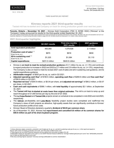 Thumbnail Kinross Gold
 Quarterly Report 2021-q3