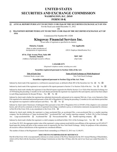 Thumbnail Kingsway Financial Services Annual Report 2012