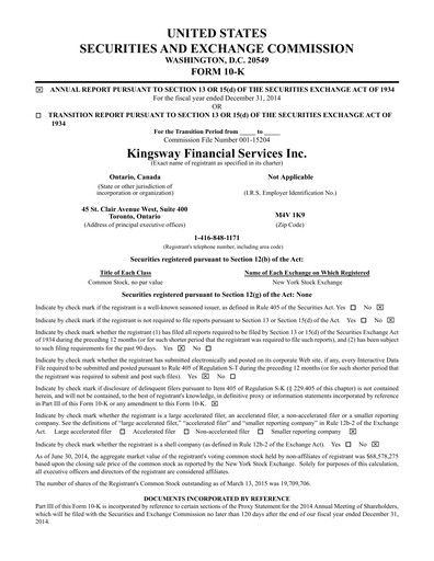 Thumbnail Kingsway Financial Services Annual Report 2014