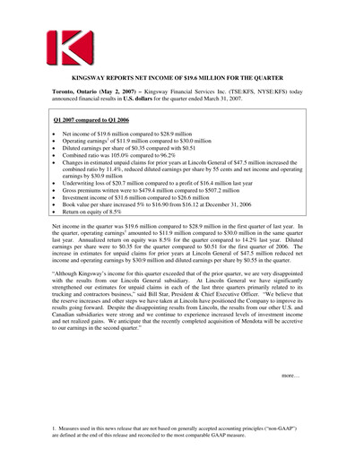 Thumbnail Kingsway Financial Services Quarterly Report 2007-q1