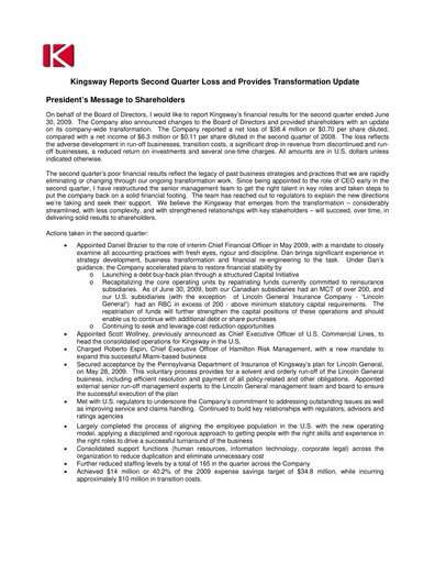 Thumbnail Kingsway Financial Services Quarterly Report 2009-q2