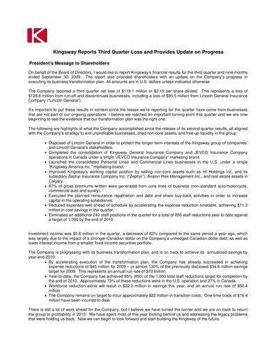 Thumbnail Kingsway Financial Services Quarterly Report 2009-q3