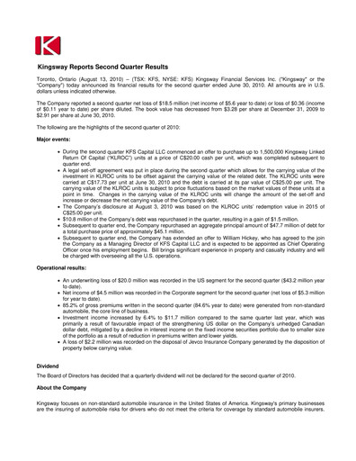 Thumbnail Kingsway Financial Services Quarterly Report 2010-q2