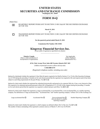Thumbnail Kingsway Financial Services Quarterly Report 2011-q1