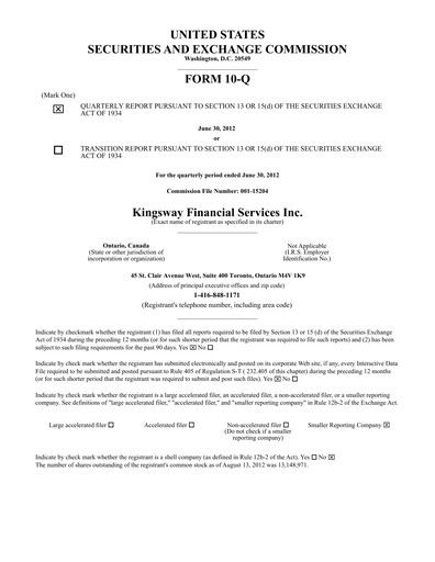 Thumbnail Kingsway Financial Services Quarterly Report 2012-q2