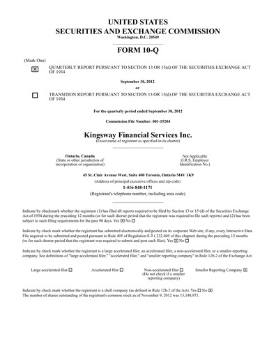 Thumbnail Kingsway Financial Services Quarterly Report 2012-q3