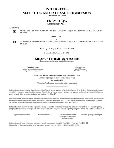 Thumbnail Kingsway Financial Services Quarterly Report 2013-q1