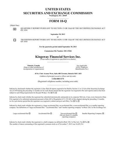 Thumbnail Kingsway Financial Services Quarterly Report 2013-q3