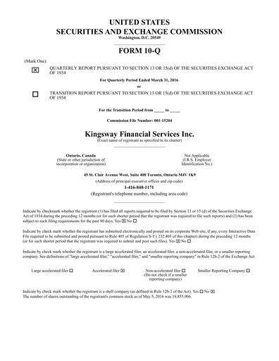 Thumbnail Kingsway Financial Services Quarterly Report 2016-q1