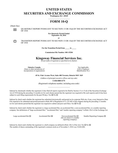 Thumbnail Kingsway Financial Services Quarterly Report 2016-q3