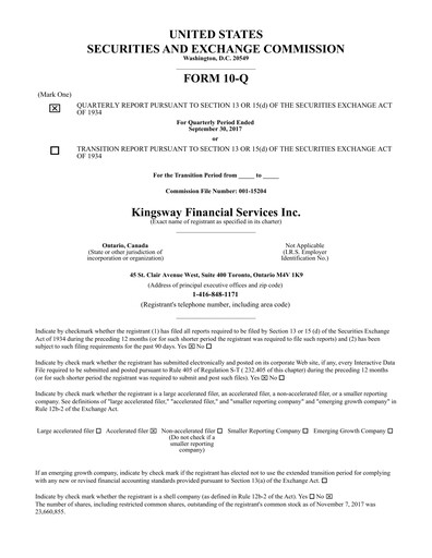 Thumbnail Kingsway Financial Services Quarterly Report 2017-q3