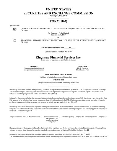 Thumbnail Kingsway Financial Services Quarterly Report 2019-q3