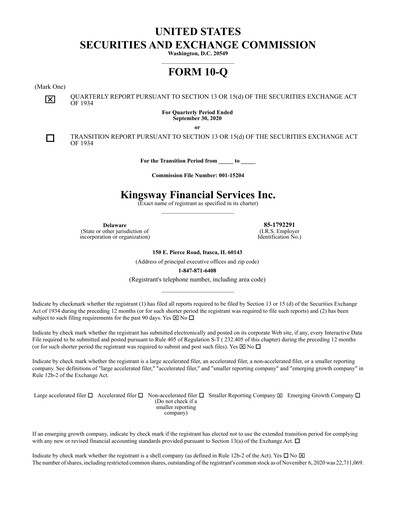 Thumbnail Kingsway Financial Services Quarterly Report 2020-q3