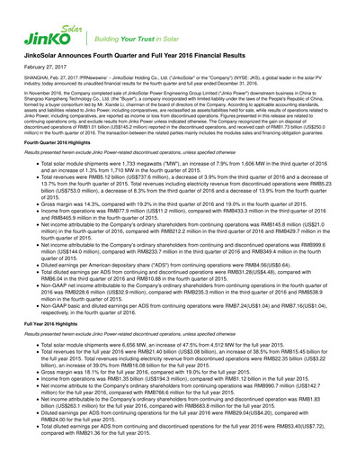 Thumbnail Jinko Solar Financial Statement 2016
