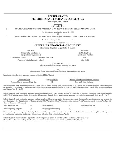 Thumbnail Jefferies Financial Group
 Quarterly Report 2020-q3