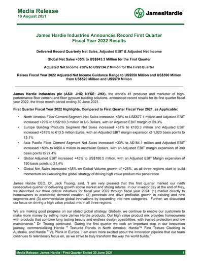 Thumbnail James Hardie Industries
 Quarterly Report fy2022-q1