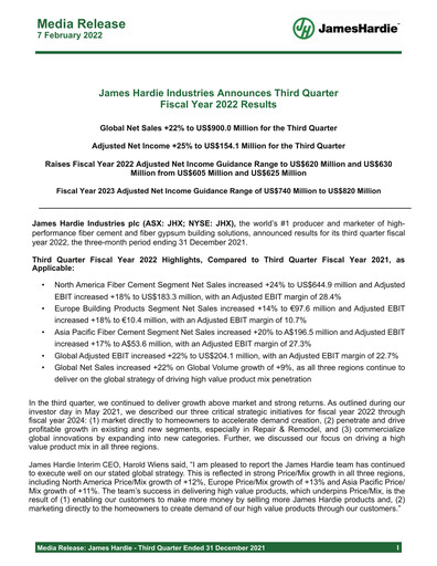 Thumbnail James Hardie Industries
 Quarterly Report fy2022-q3