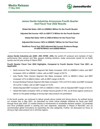 Thumbnail James Hardie Industries
 Quarterly Report fy2022-q4