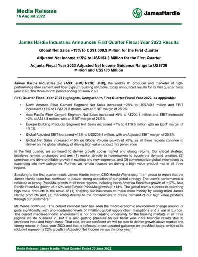 Thumbnail James Hardie Industries
 Quarterly Report fy2023-q1