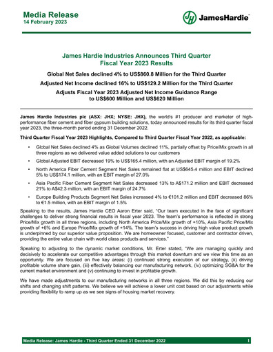 Thumbnail James Hardie Industries
 Quarterly Report fy2023-q3