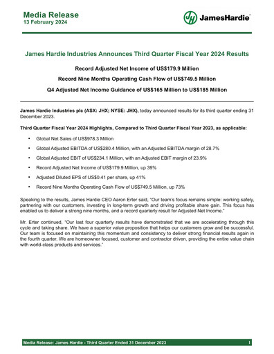 Thumbnail James Hardie Industries
 Quarterly Report fy2024-q3