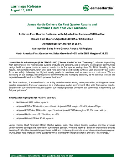 Thumbnail James Hardie Industries
 Quarterly Report fy2025-q1