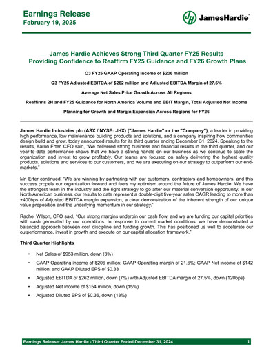 Thumbnail James Hardie Industries
 Quarterly Report fy2025-q3