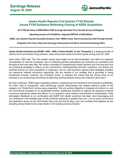 Thumbnail James Hardie Industries
 Quarterly Report fy2026-q1