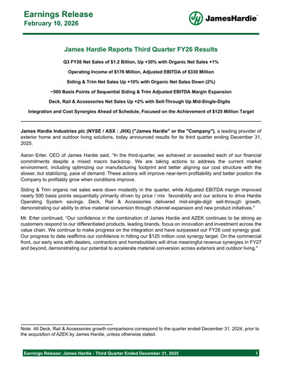 Thumbnail James Hardie Industries
 Quarterly Report fy2026-q3