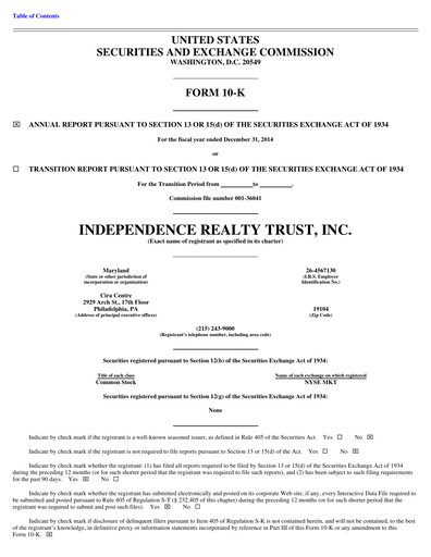 Thumbnail Independence Realty Trust
 Annual Report 2014