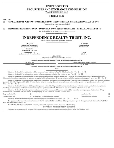 Thumbnail Independence Realty Trust
 Annual Report 2015