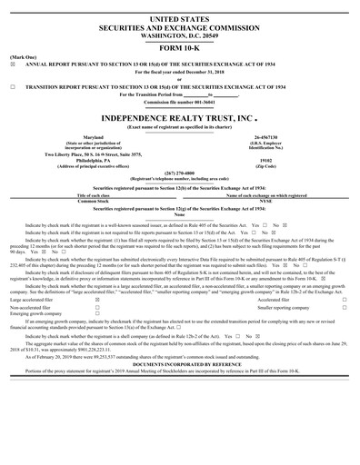 Thumbnail Independence Realty Trust
 Annual Report 2018